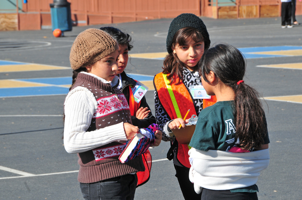 From left, Magdalena Macias, and peer mediators Samantha Gonzales and Esmeralda Macias, in orange, listen to both sides carefully in a lunchtime discussion at Virginia Rocca Barton Elementary School in Salinas.